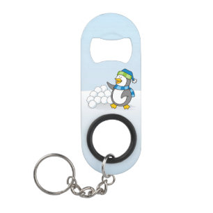 Porte-clé Décapsuleur Petit pingouin avec boules de neige agitant un bot