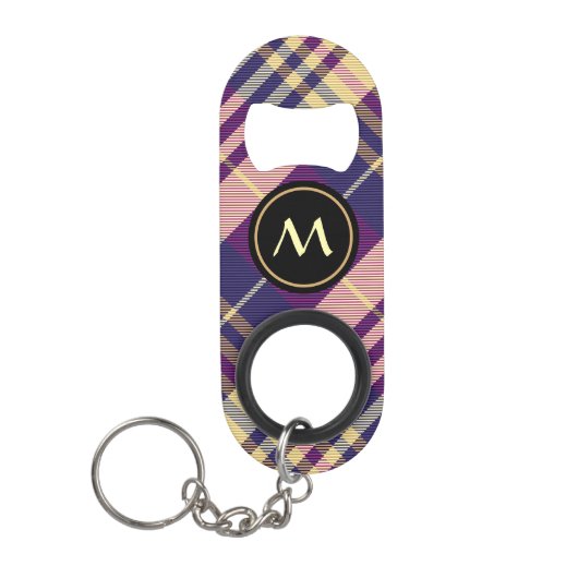 Porte-clé Décapsuleur Tartan mauve, or et bleu (Devant)