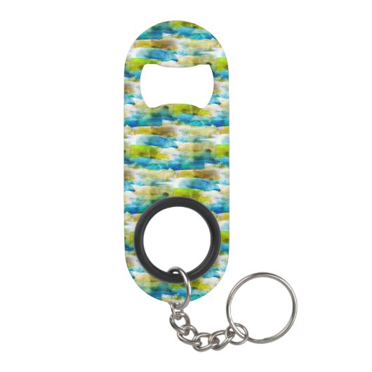 Porte-clé Décapsuleur Vert abstrait d'aquarelle, bleu (Dos)