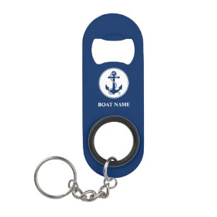 Porte-clé Décapsuleur Votre nom de bateau Ancre et corde Navy Blue