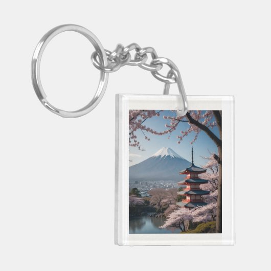 PORTE-CLÉS 日本の春の最も美しい瞬間を凝縮したような一枚です。富士山を背景に、五重塔と満開の桜が描かれています。 (Devant gauche)