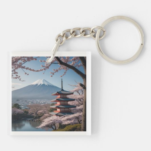 PORTE-CLÉS 日本の春の最も美しい瞬間を凝縮したような一枚です。富士山を背景に、五重塔と満開の桜が描かれています。 (Dos)