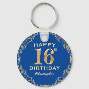 Porte-clés 16e anniversaire Parties scintillant bleue et or c