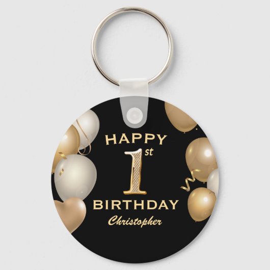 Porte-clés 1ère fête d'anniversaire Ballons noirs et or (Recto)