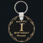Porte-clés 1ère fête d'anniversaire Parties scintillant noir<br><div class="desc">1er Anniversaire Parties scintillant Noir et Or Porte - clé cadre de la fête. Pour plus de personnalisation,  cliquez sur le bouton "Customiser" et utilisez notre outil de conception pour modifier ce modèle.</div>