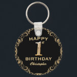 Porte-clés 1ère fête d'anniversaire Parties scintillant noir<br><div class="desc">1er Anniversaire Parties scintillant Noir et Or Porte - clé cadre de la fête. Pour plus de personnalisation,  cliquez sur le bouton "Customiser" et utilisez notre outil de conception pour modifier ce modèle.</div>
