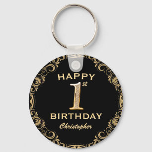 Porte-clés 1st Birthday Party Black and Gold Glitter Frame