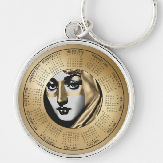 Porte-clés 2026 Calendar Keychain Woman's Art Deco Face Gold (Devant)