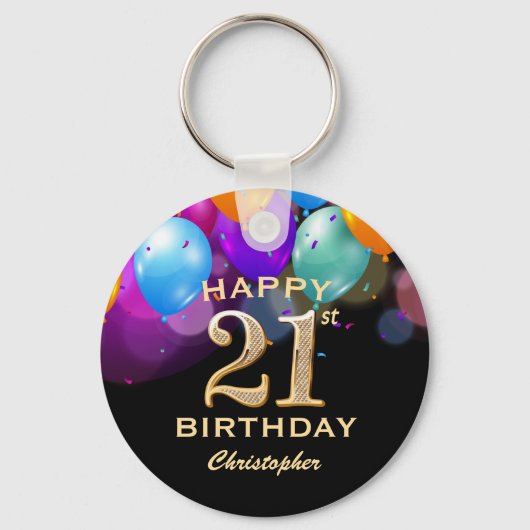 Porte-clés 21e fête d'anniversaire Ballons Noir et Or (Recto)