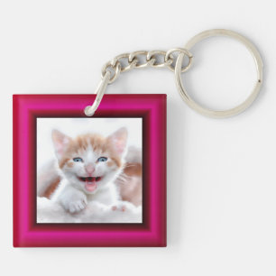 Porte-clés 2 Photo de chat Bordure Rose Chaud