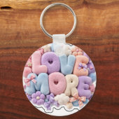 Porte-clés 3D en peluche pastel "AMOUR EN PLUS" (Recto)