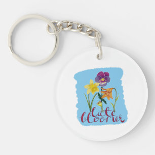 Porte-clés 4 fleurs de printemps et d'été avec texte fantaisi