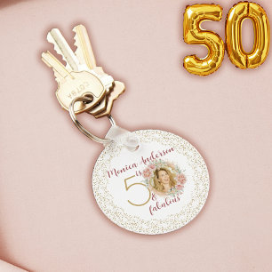 Porte-clés 50 ans et Incroyable Anniversaire Photo Fleur Rose