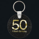 Porte-clés 50th Birthday, Elegant Black Gold Glam<br><div class="desc">Rich,  sophisticated and elegant,  this 50th birthday gleams with the shine and glitter of metallic look gold,  gilded in a shiny finish,  with a black sparkle pattern background. Sure to bring an air of glam and bling to any fiftieth birthday celebration,  party or gift idea. Design Copyright © CustomInvitesOnline.</div>