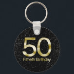 Porte-clés 50th Birthday, Elegant Black Gold Glam<br><div class="desc">Rich,  sophisticated and elegant,  this 50th birthday gleams with the shine and glitter of metallic look gold,  gilded in a shiny finish,  with a black sparkle pattern background. Sure to bring an air of glam and bling to any fiftieth birthday celebration,  party or gift idea. Design Copyright © CustomInvitesOnline.</div>