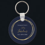 Porte-clés 50th Birthday Navy Blue Gold Birthday Party Favors<br><div class="desc">This is an elegant 50th birthday party favor design. This stylish design is in classic navy blue and gold. It has the text, "Samantha's 50 and Fabulous" and the celebration date. This simple, modern, typography motif is framed by an elegant gold effect circle. This stylish design is perfect for a...</div>