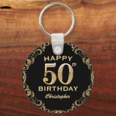 Porte-clés 50th Birthday Party Black and Gold Glitter Frame (Recto)