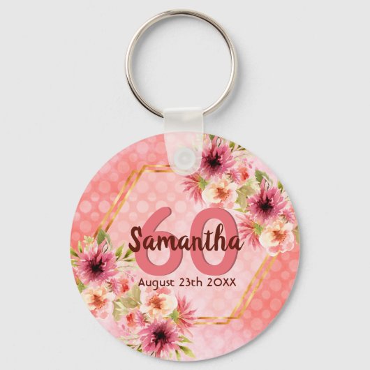 Porte-clés 60e anniversaire corail or dahlia fleurs (Recto)