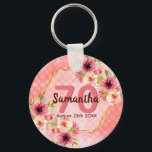 Porte-clés 70e anniversaire corail or dahlia fleurs<br><div class="desc">Un porte - clé branché pour une fête de 70ème anniversaire. Avec un faux cadre hexagone en or géométrique. Décoré de fleurs de dahlia aquarellées en rose, crème et corail. Vivre corail avec des pois comme arrière - plan. Modèles pour un nom, 70 ans et une date. Date de naissance...</div>