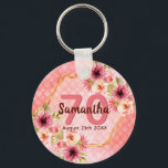 Porte-clés 70e anniversaire corail or dahlia fleurs<br><div class="desc">Un porte - clé branché pour une fête de 70ème anniversaire. Avec un faux cadre hexagone en or géométrique. Décoré de fleurs de dahlia aquarellées en rose, crème et corail. Vivre corail avec des pois comme arrière - plan. Modèles pour un nom, 70 ans et une date. Date de naissance...</div>