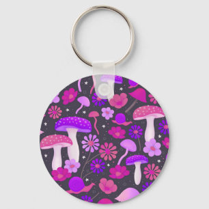 Porte-clés 70s Floral Mushrooms Vibrant Pink, Purple & Black