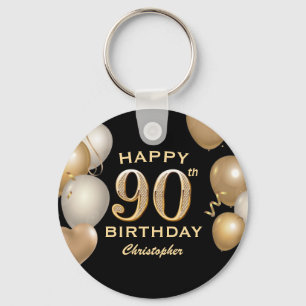 Porte-clés 90e fête d'anniversaire Ballons noirs et or