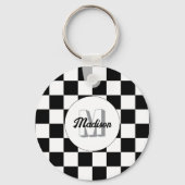 Porte-clés à damiers carré noir et blanc rétro Monogramme (Verso)
