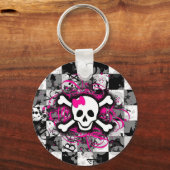 Porte-clés à damiers Crâne avec éclaboussure rose (Recto)
