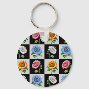 Porte-clés à damiers Flore de tournesol multicolore