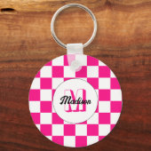 Porte-clés à damiers rose chaud blanc rétro Monogram (Recto)