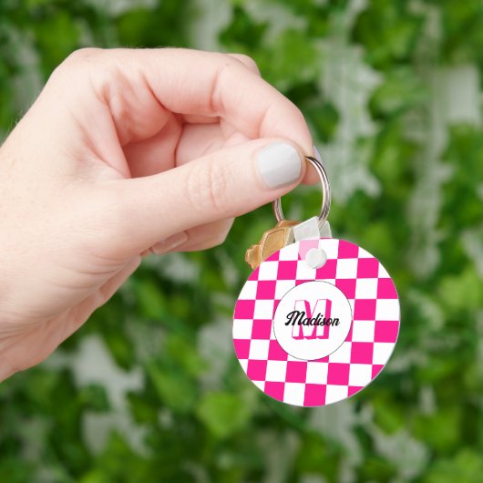 Porte-clés à damiers rose chaud blanc rétro Monogram (main)