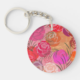 Porte-clés à motif rose avec fleurs et plantes