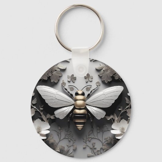 Porte-clés Abeille de miel dorée sur toile florale (Recto)