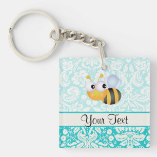 Porte-clés Abeille mignonne ; Motif turquoise de damassé