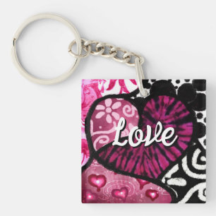 Porte-clés Abstrait coeur d'amour rose Floral Pois noir