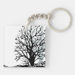 Porte-clés Abstrait moderne arbre noir silhouette ombre blanc