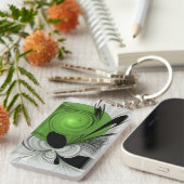 Porte-clés Abstrait noir et blanc avec art fractal vert (Devant droit)