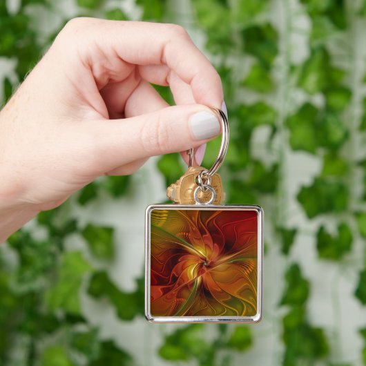 Porte-clés Abstrait Rouge Orange Brown Vert Fractal Art Flowe (main)