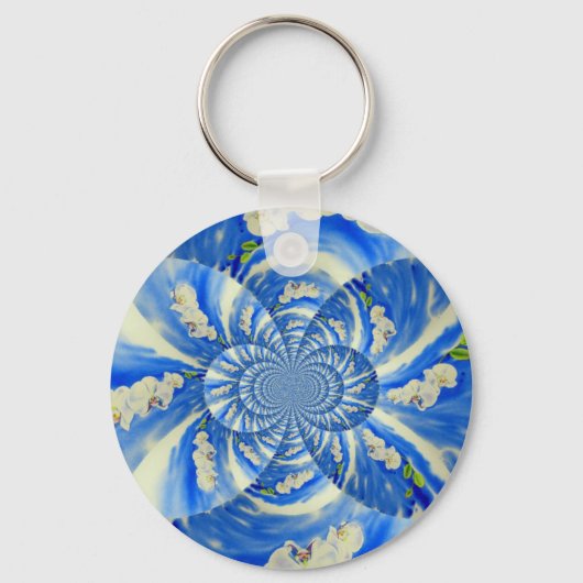Porte-clés Abstraite peinture florale bleue blanche (Recto)