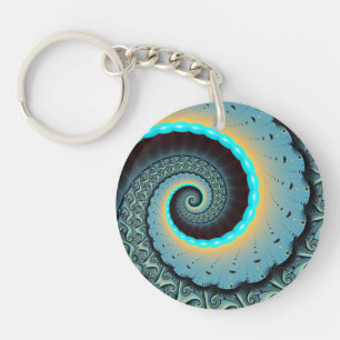 Porte-clés Abstraite spirale d'art fractal bleu turquoise ora