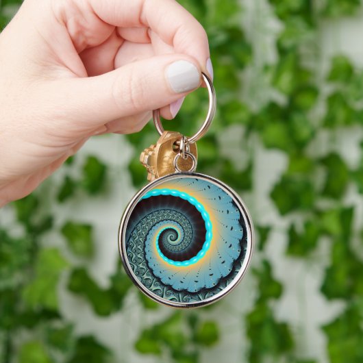 Porte-clés Abstraite spirale d'art fractal bleu turquoise ora (Main)