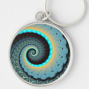 Porte-clés Abstraite spirale d'art fractal bleu turquoise ora