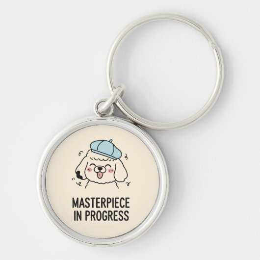 Porte-clés Accessoire Chiot Caniche Fluffy Argent Joues Roses (Devant)
