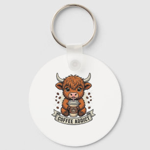Porte-clés Accro au café Vache des Highlands Mignonne Gravure