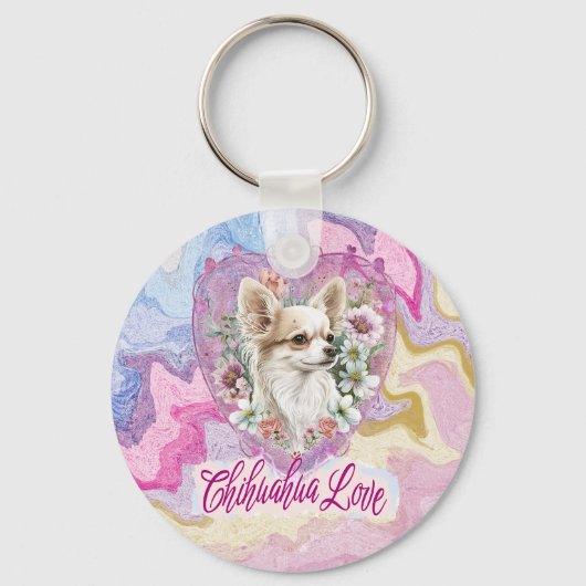Porte-clés Adorable Chihuahua avec le thème rose fleurs (Recto)