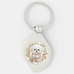 Porte-clés adorable chiot maltais en fleur, Amoureux des chie