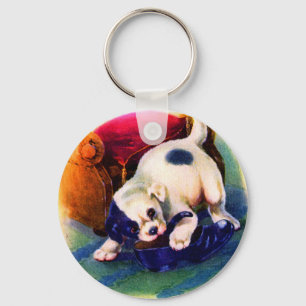 Porte-clés adorable chiot n° 3 des années 1930 mâché sur une