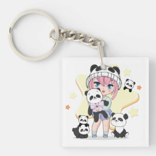 Porte-clés Adorable Fille d'Anime Entourée de Jouets Panda