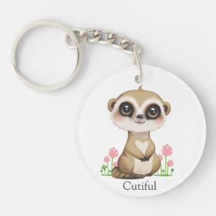 Porte-clés Adorable suricate et fleurs sur fond blanc