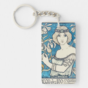 Porte-clés Affiche d'art vintage femme florale bleue Art Nouv